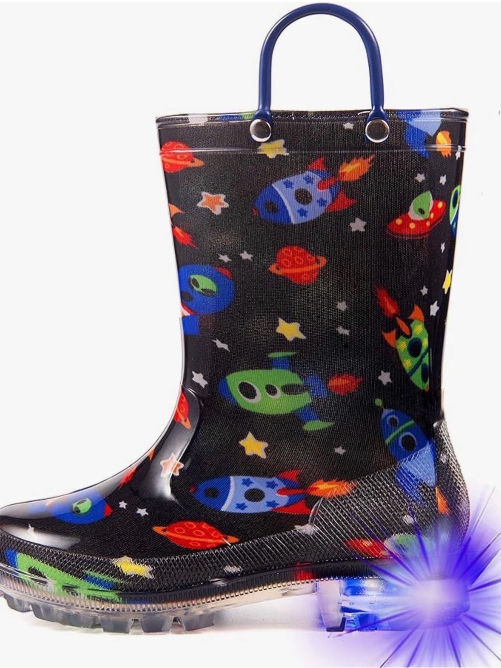 HugRain Kids Space/Rockets Light-Up Rain & Snow Boots - Black